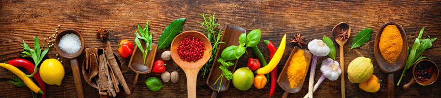 Verschiedene Gewürze und Kräuter auf Holzlöffeln